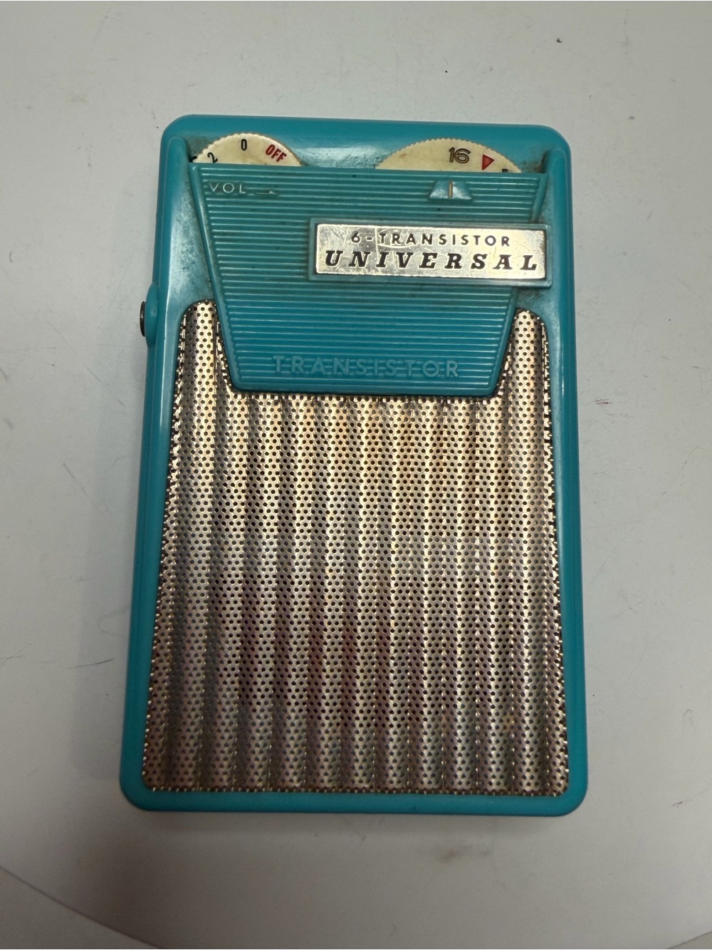 Universal Portable 6-Transistor Radio in Teal and Silver